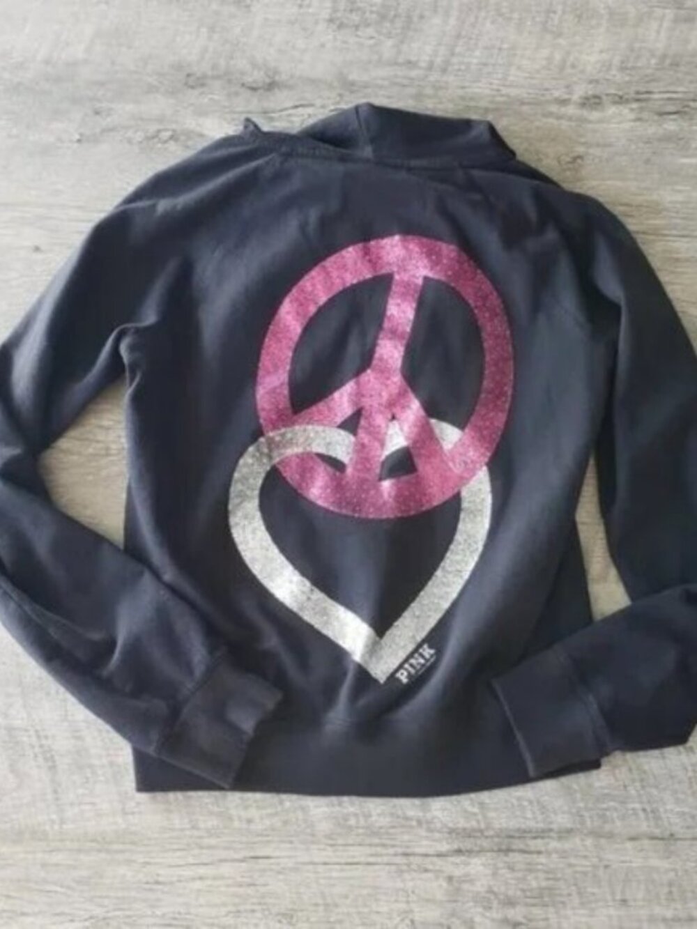 Pink Victoria's Secret Black Peace & Love Zip-up Jacket.